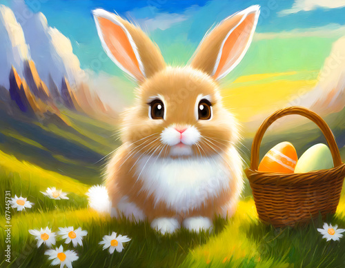 A cute fluffy Easter bunny in a mountain meadow, illustration  © Ina Meer Sommer
