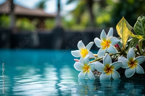 Tranquil Oasis Frangipani Blooms in Serene Blue Surroundings photo