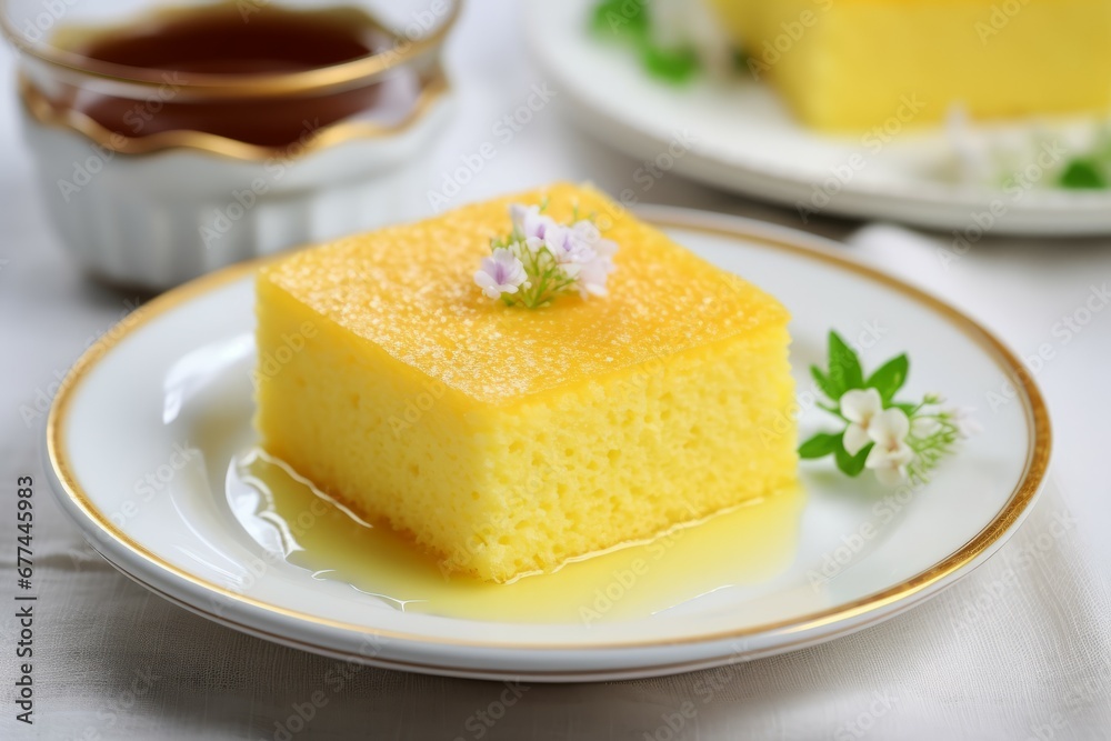 White plate with milk cake and saffron White plate with milk cake and saffron
