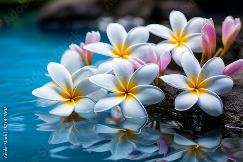 Tranquil Oasis Frangipani Blooms in Serene Blue Surroundings