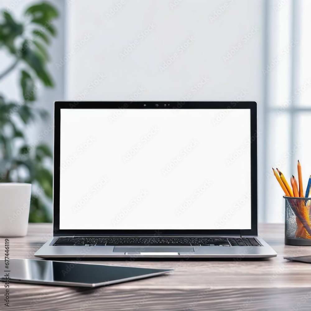 Fototapeta premium notebook on a desk in the office with blur background, clipping path, mock up style