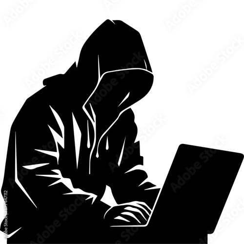 Hacker vector silhouette illustration, a hacker with laptop vector silhouette illustration