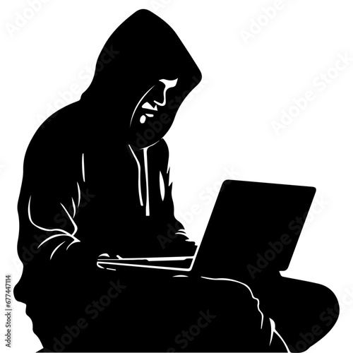 Hacker vector silhouette illustration, a hacker with laptop vector silhouette illustration