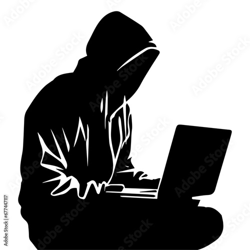 Hacker vector silhouette illustration, a hacker with laptop vector silhouette illustration