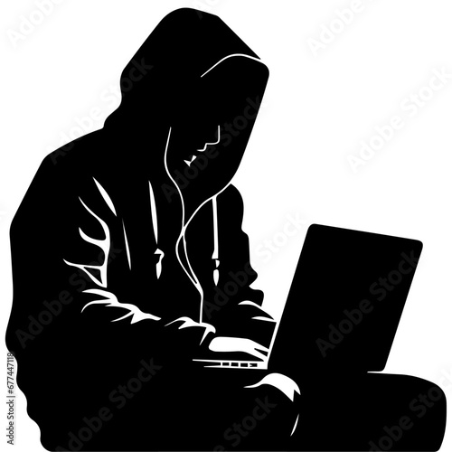 Hacker vector silhouette illustration, a hacker with laptop vector silhouette illustration