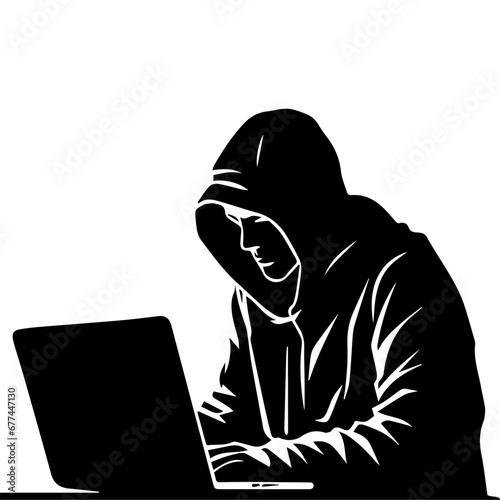 Hacker vector silhouette illustration, a hacker with laptop vector silhouette illustration