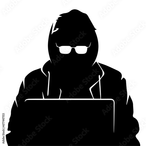 Hacker vector silhouette illustration, a hacker with laptop vector silhouette illustration