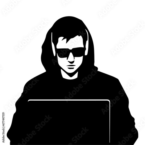 Hacker vector silhouette illustration, a hacker with laptop vector silhouette illustration