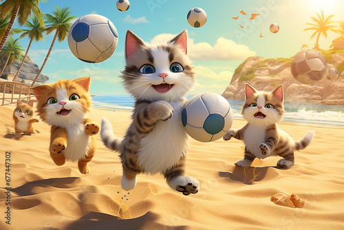 illustration of a Cats  playing ball on the beach
