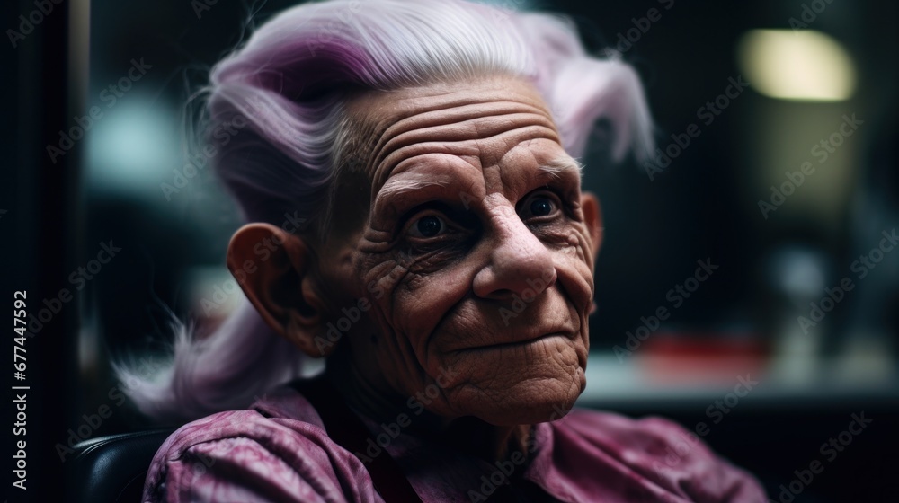 an old woman with purple hair