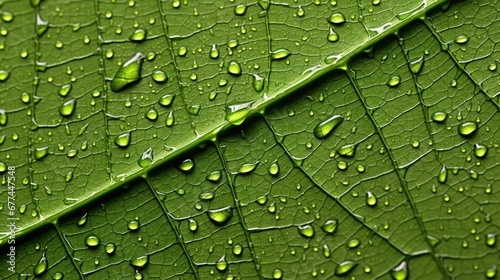 a close up of a leaf with water droplets #677447548