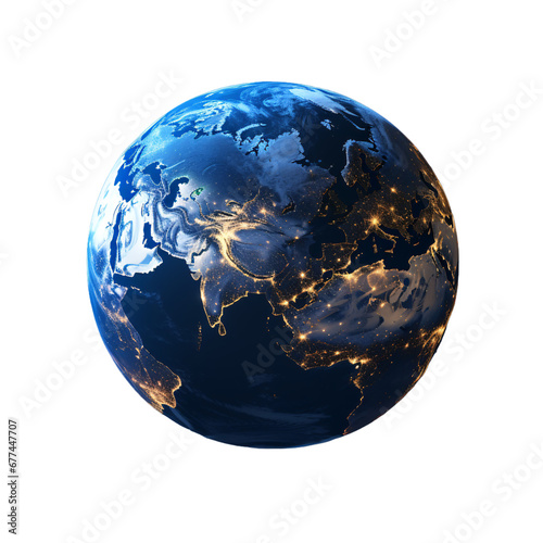 night view of the Earth globe on a transparent background, earth globe, or planet satellite view of the night