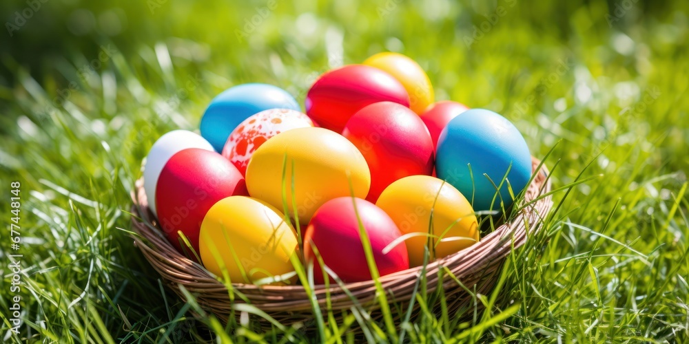 a basket of colorful eggs in grass