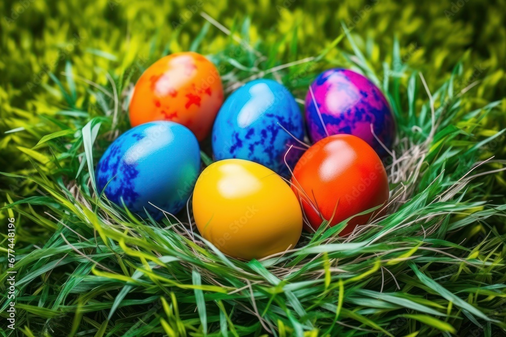 a group of colorful eggs in a nest of grass a group of colorful eggs in a nest of grass
