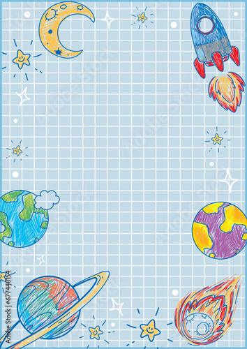 Children's Space-Themed Cartoon on Lined Notebook Pages