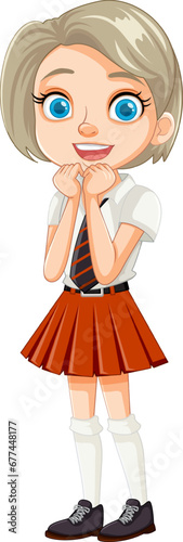 Smiling Cartoon Girl Student in School Uniform