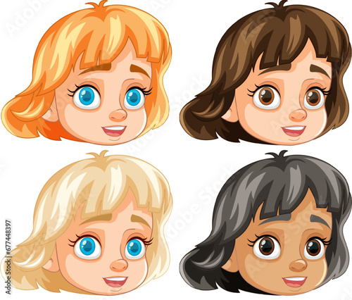 Smiling Cartoon Heads of Four Short-Haired Girls