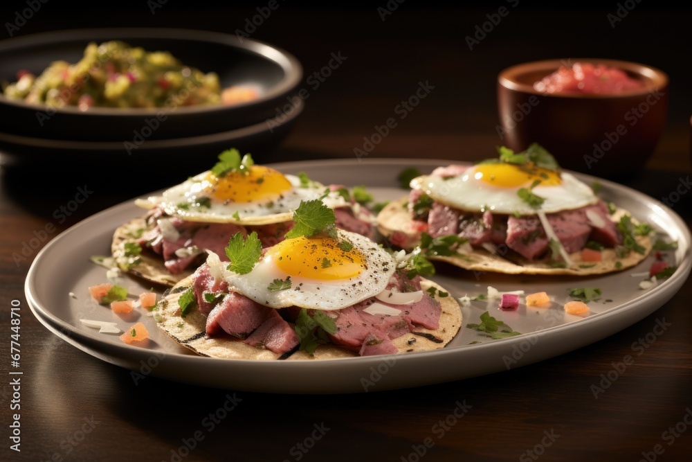 a plate of food with eggs and meat on top a plate of food with eggs and meat on top