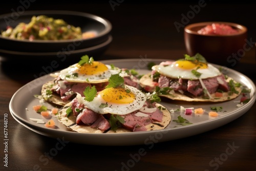 a plate of food with eggs and meat on top