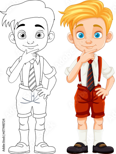 Handsome Boy in Uniform Cartoon Character and Doodle Outline