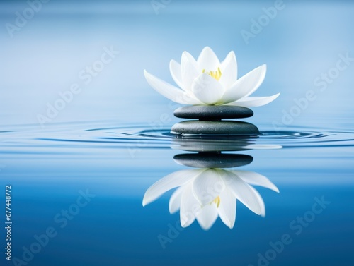 a white flower on a stack of rocks in water