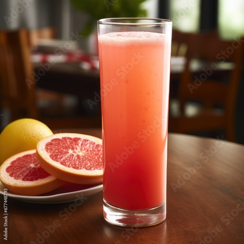 a glass of pink liquid next to a plate of fruit