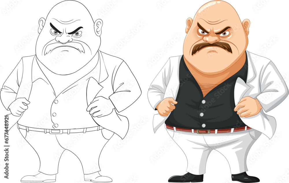 Grumpy Mustache Bald Middle-Age Mafia Man Cartoon