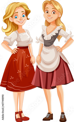 Two Beautiful European Women: Friends in Cartoon Style