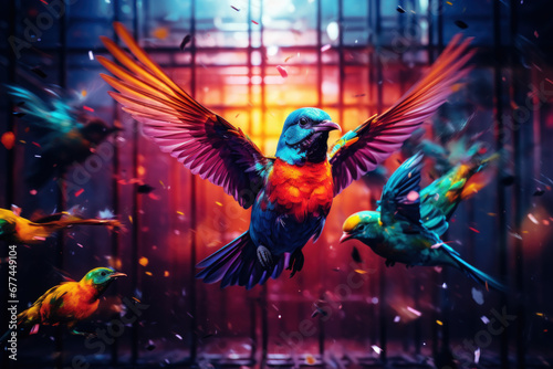 Birds flying out of cage background. Freedom concept.