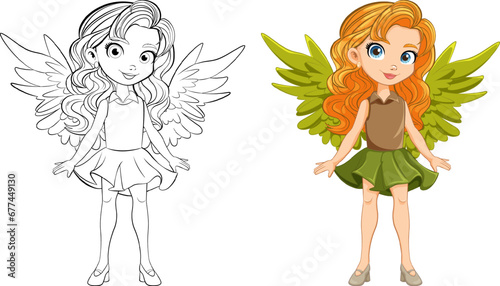 Beautiful Woman with Wings: Cartoon Character and Doodle Outline
