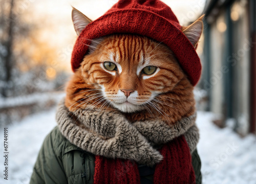 Domestic cat in a winter hat and a scarf on the winter background.