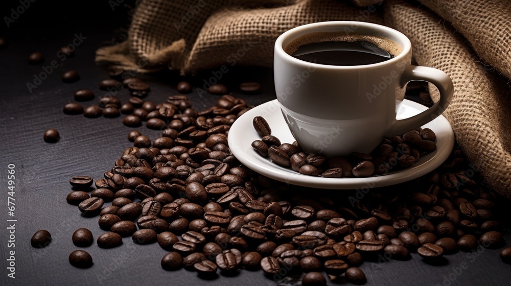 a cup of coffee on a saucer with coffee beans a cup of coffee on a saucer with coffee beans