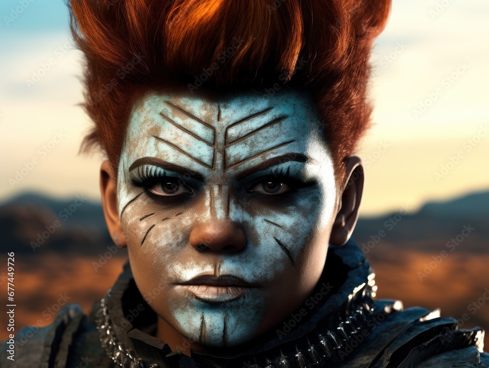 a woman with red hair and face paint