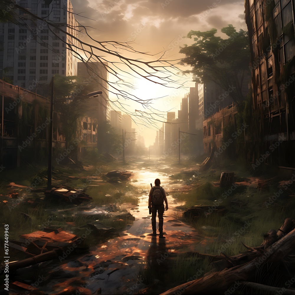 Empty post apocalyptic city landscape. A post-apocalyptic ruined city. Destroyed buildings, burnt-out vehicles and ruined roads. Empty post apocalyptic city landscape. A post-apocalyptic ruined city. Destroyed buildings, burnt-out vehicles and ruined roads.