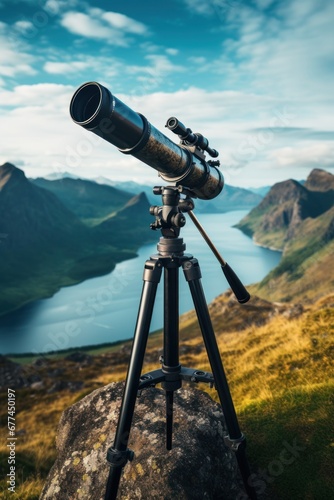 a telescope on a tripod overlooking a lake