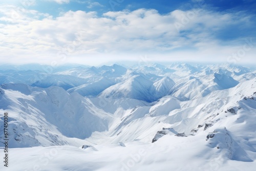 a snowy mountain range with blue sky and clouds