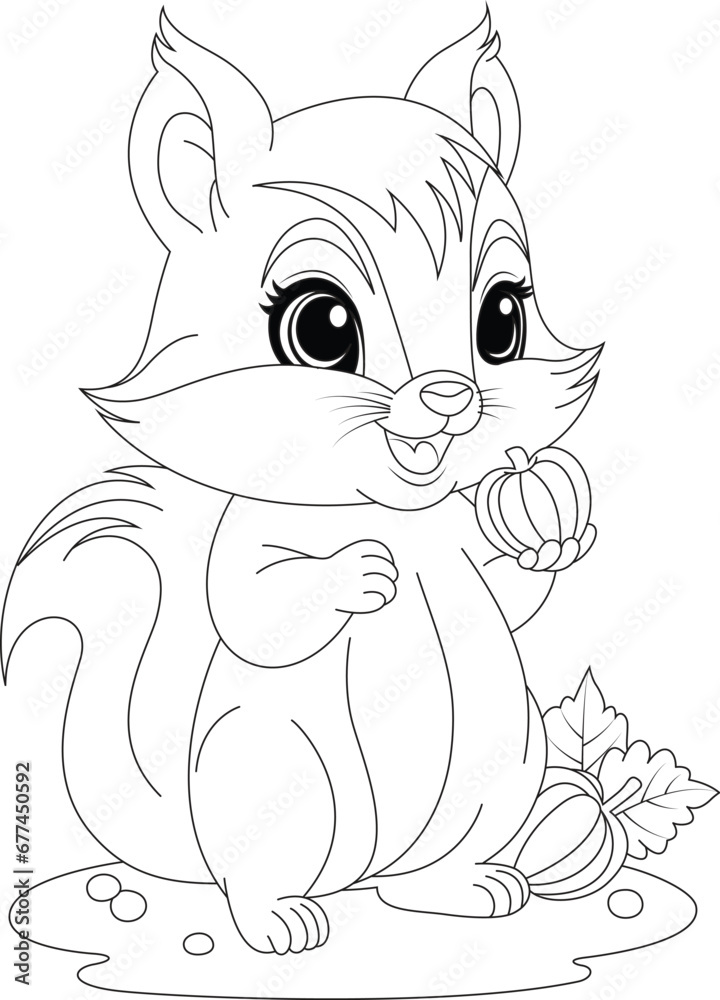 Coloring page a mischievous squirrel collecting acorns