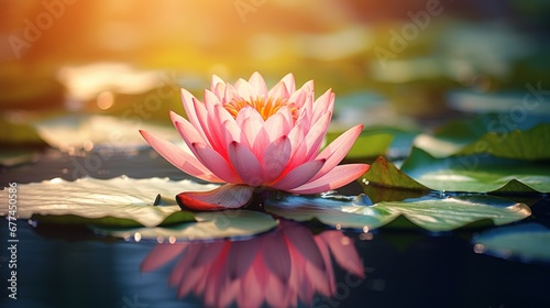 a pink flower on water