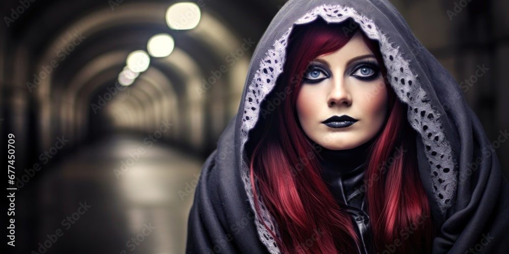 a woman with red hair and black makeup