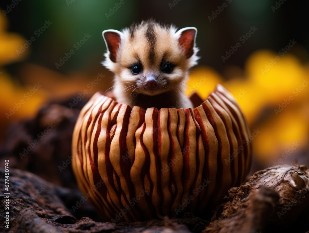 a small animal inside a pumpkin