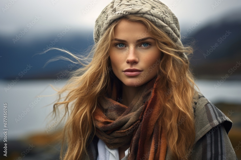 a woman with long hair wearing a knit hat and scarf a woman with long hair wearing a knit hat and scarf