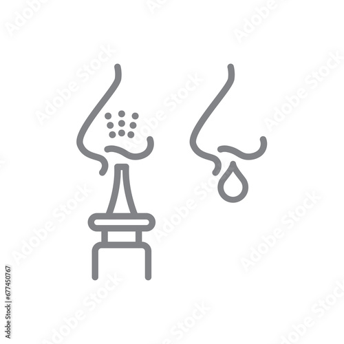 Nasal spray and runny nose vector icon. Stuffy nose, cold treatment outline symbol.