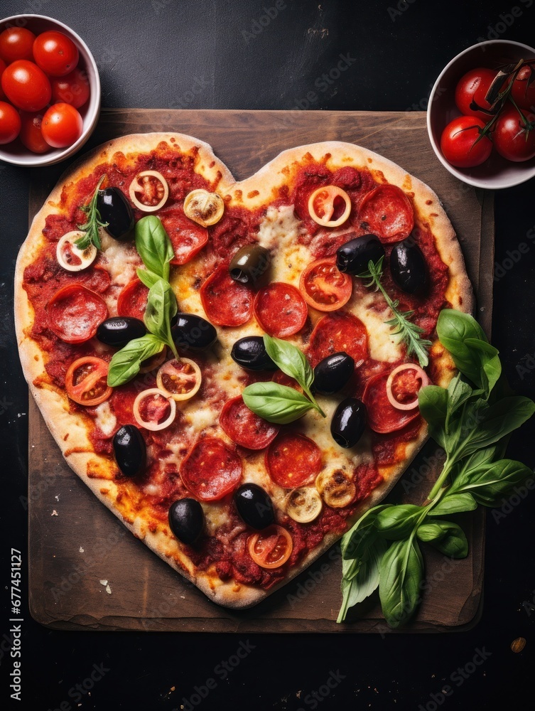 a heart shaped pizza with olives and pepperoni on a cutting board