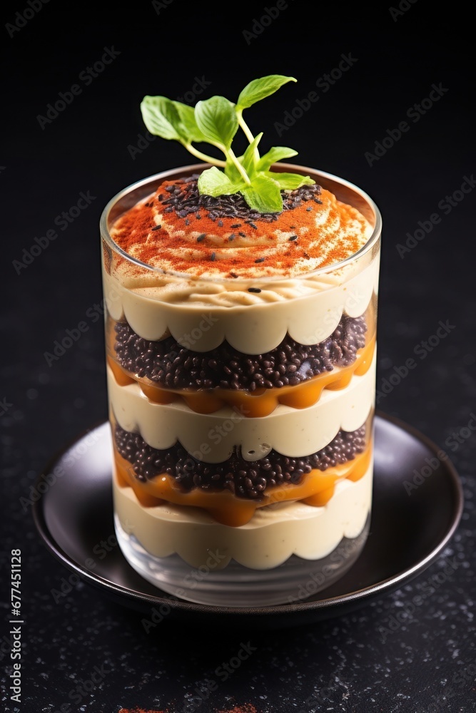 a layered dessert with sprinkles and a sprig of leaves a layered dessert with sprinkles and a sprig of leaves