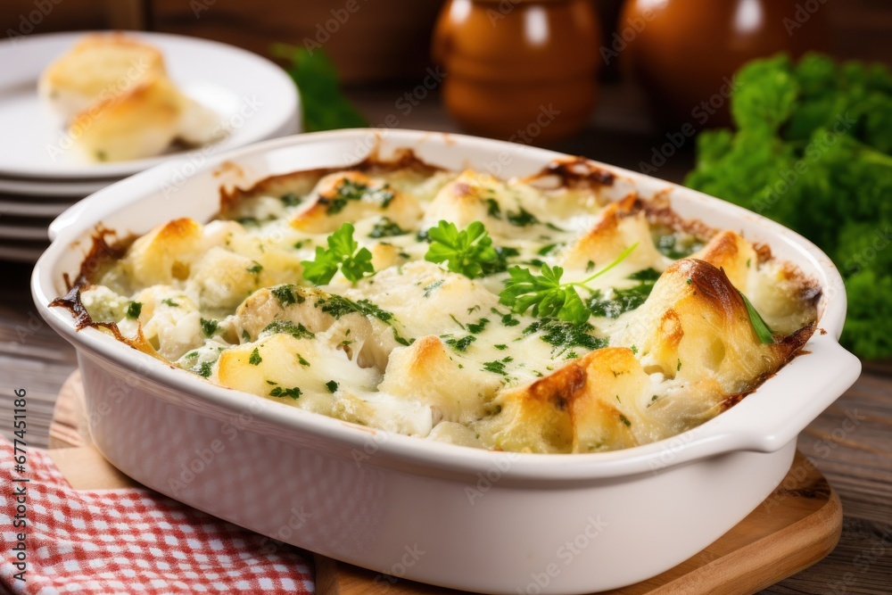a casserole dish with cheese and herbs a casserole dish with cheese and herbs