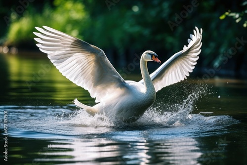 a white swan with wings spread out on water