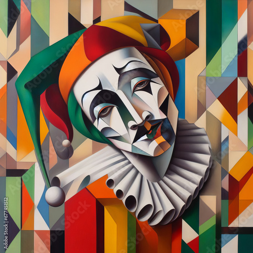 Arlequin with a sad face modern painting, geometric patterns