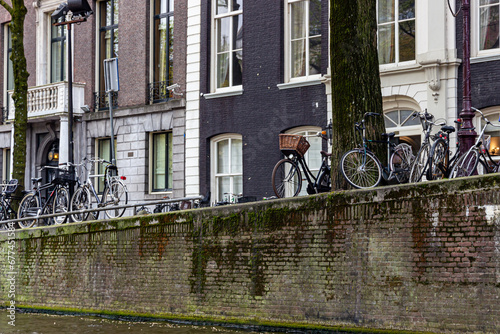 Bicycles and river canals on the streets of Amsterdam