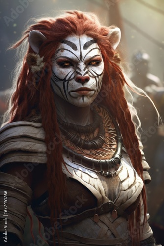 a woman with red hair and white face paint