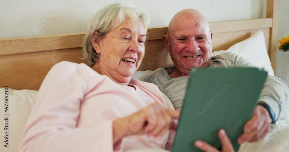 Senior, couple and tablet in bedroom happy or online connection, social media reading or internet scroll. Man, woman or digital connectivity or laugh in home partnership or network, streaming or web Senior, couple and tablet in bedroom happy or online connection, social media reading or internet scroll. Man, woman or digital connectivity or laugh in home partnership or network, streaming or web